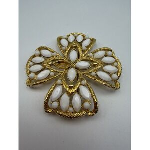 Vintage Gold Tone White Marquise Cabochon Ornate Cross Brooch Pin 2.25 Inch